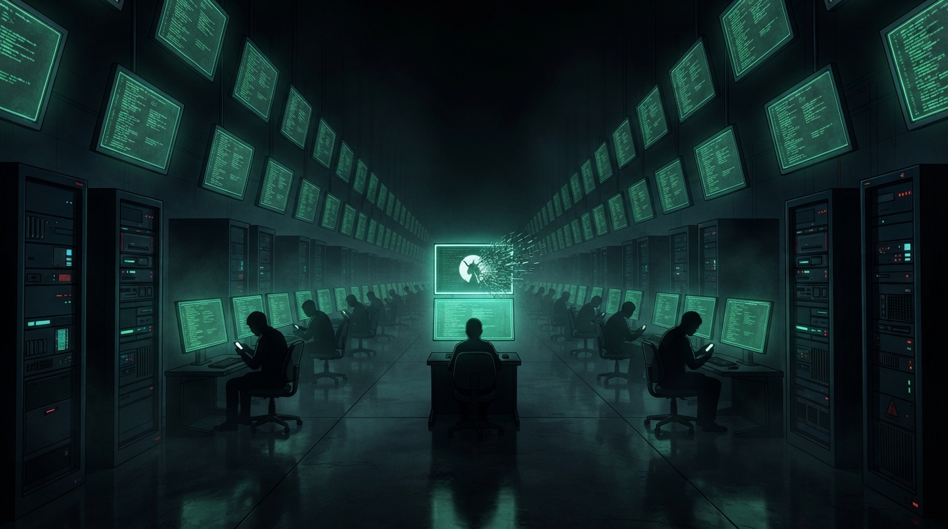 Operators stare at their phones while a repository logo dissolves into code in a dark server room.