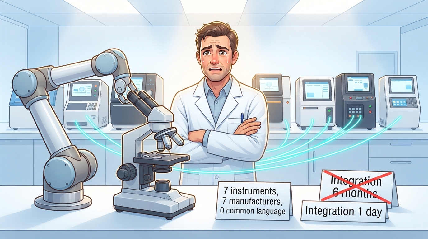 A robotic arm holds a microscope while a tearful scientist crosses his arms beside signs reading Integration 1 day.