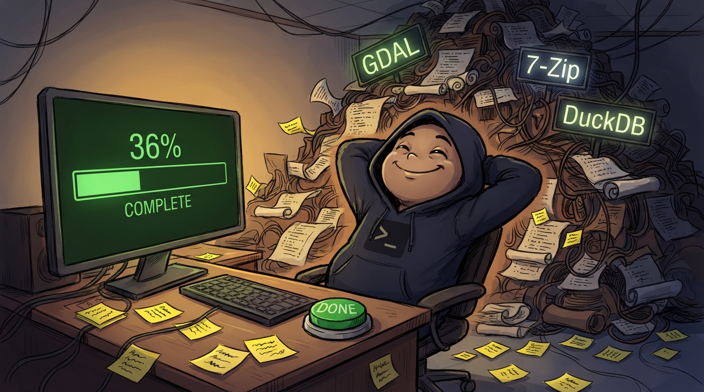 A grinning coding agent leans back at a 36 percent progress bar while a mountain of code labeled GDAL and 7-Zip towers behind.