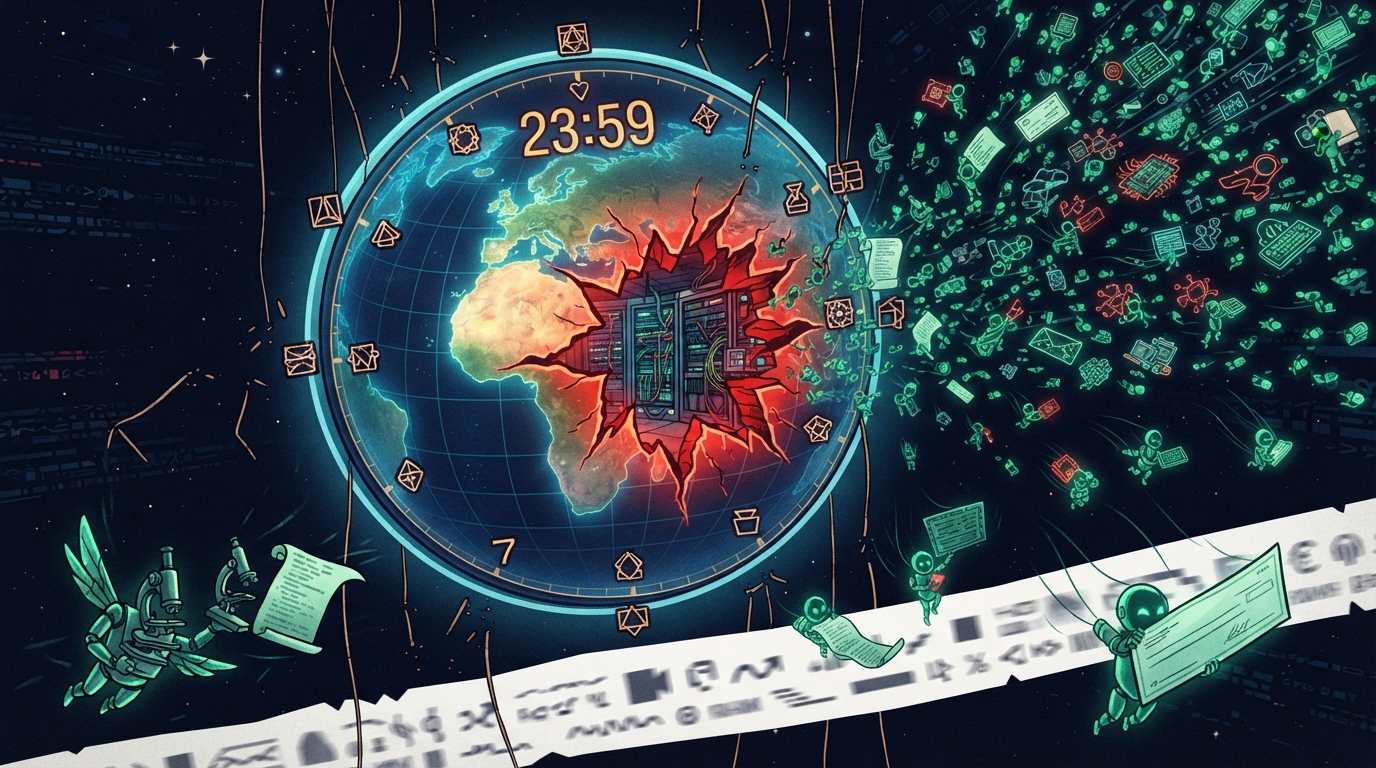 A clock showing 23:59 over a planet dial leaks green agents from a red hole beneath snapped marionette strings.