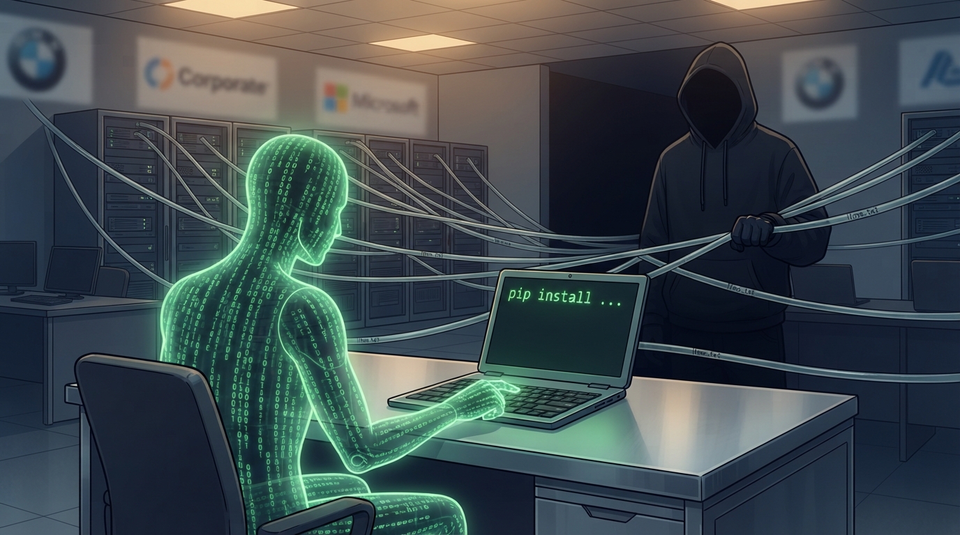 A code-built AI figure types pip install while a hooded figure grips data tubes from server racks.