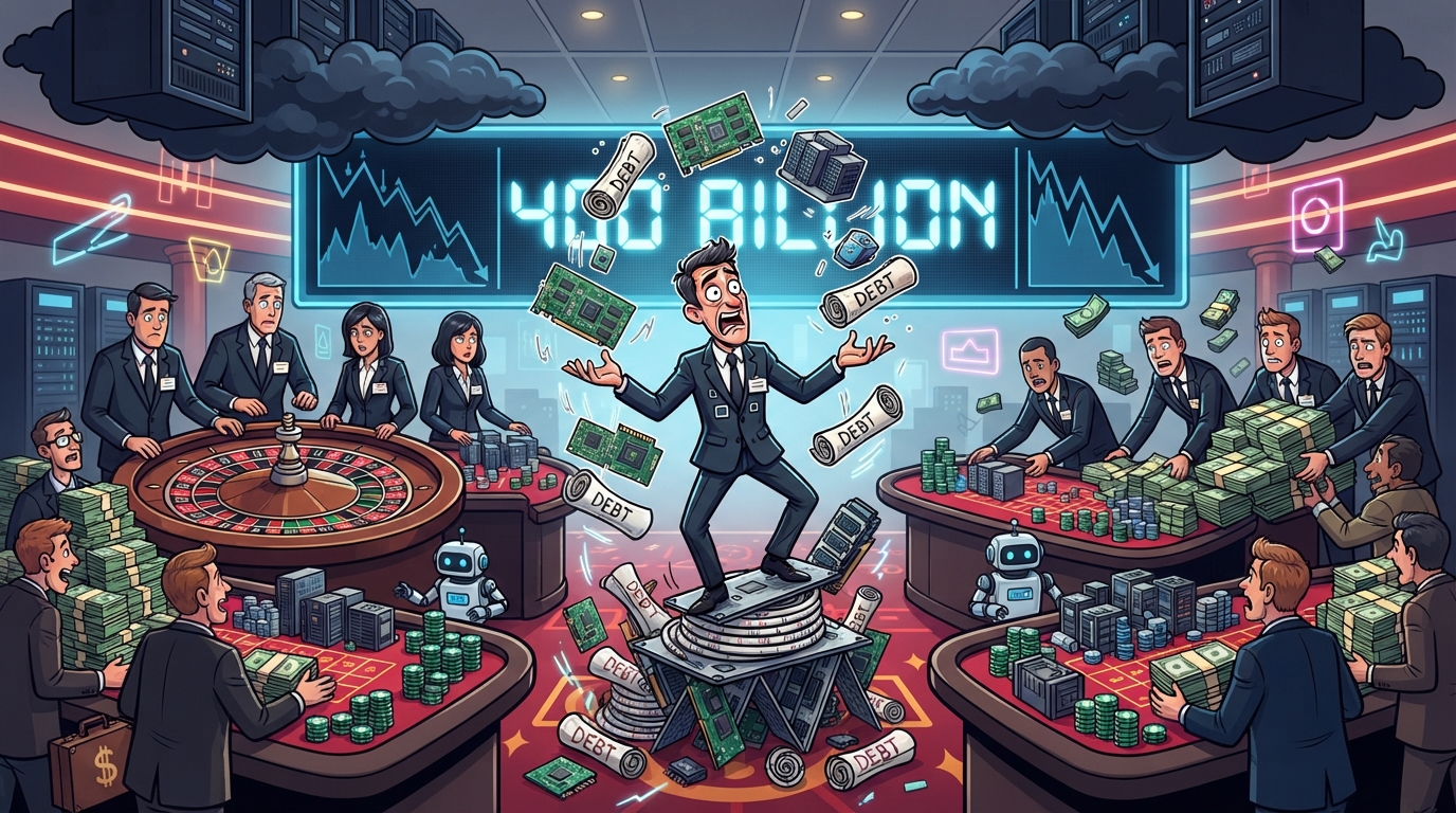 A panicked executive juggles chips and servers inside a casino as a screen shows 400 billion.