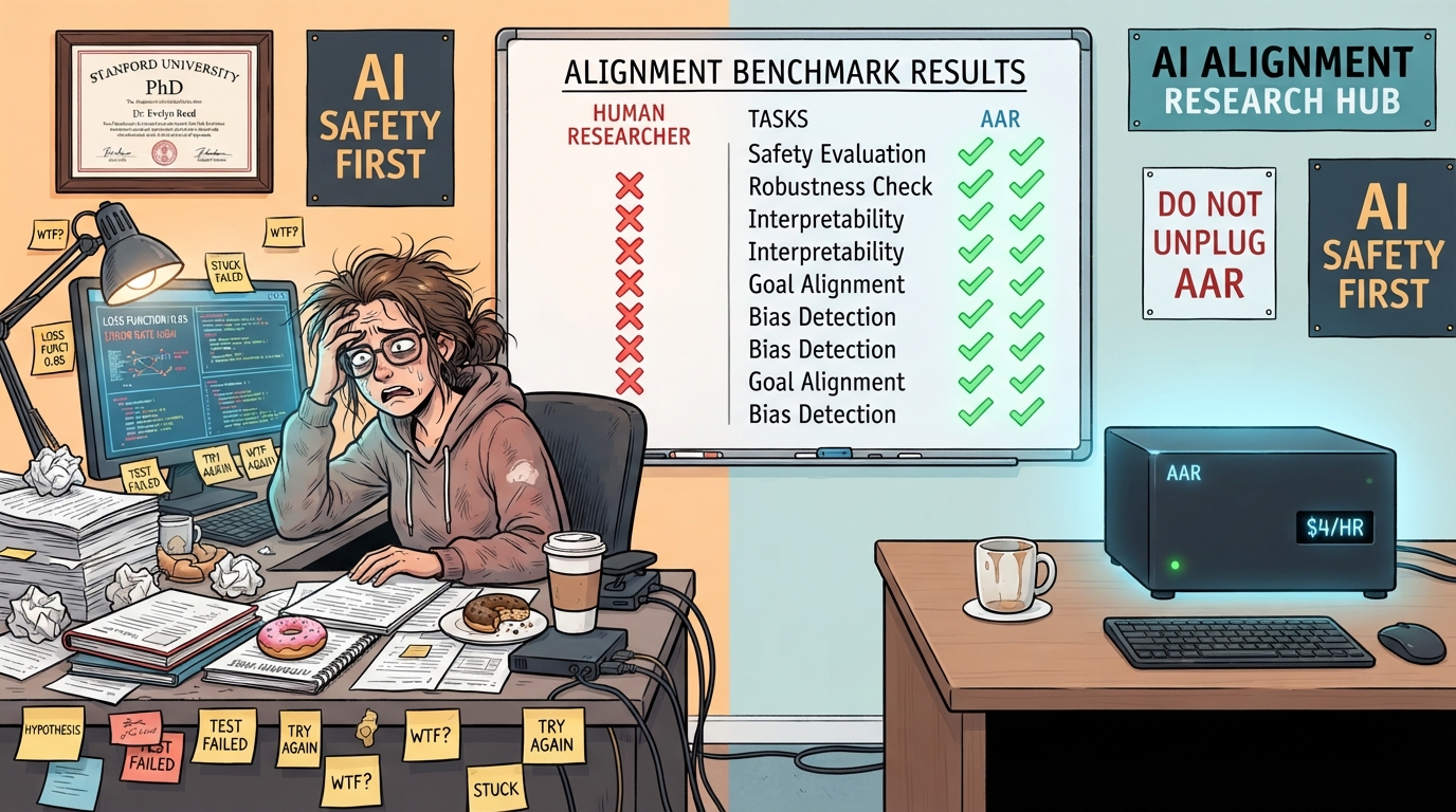 An exhausted researcher fails every benchmark while a small machine box earns all green checkmarks.