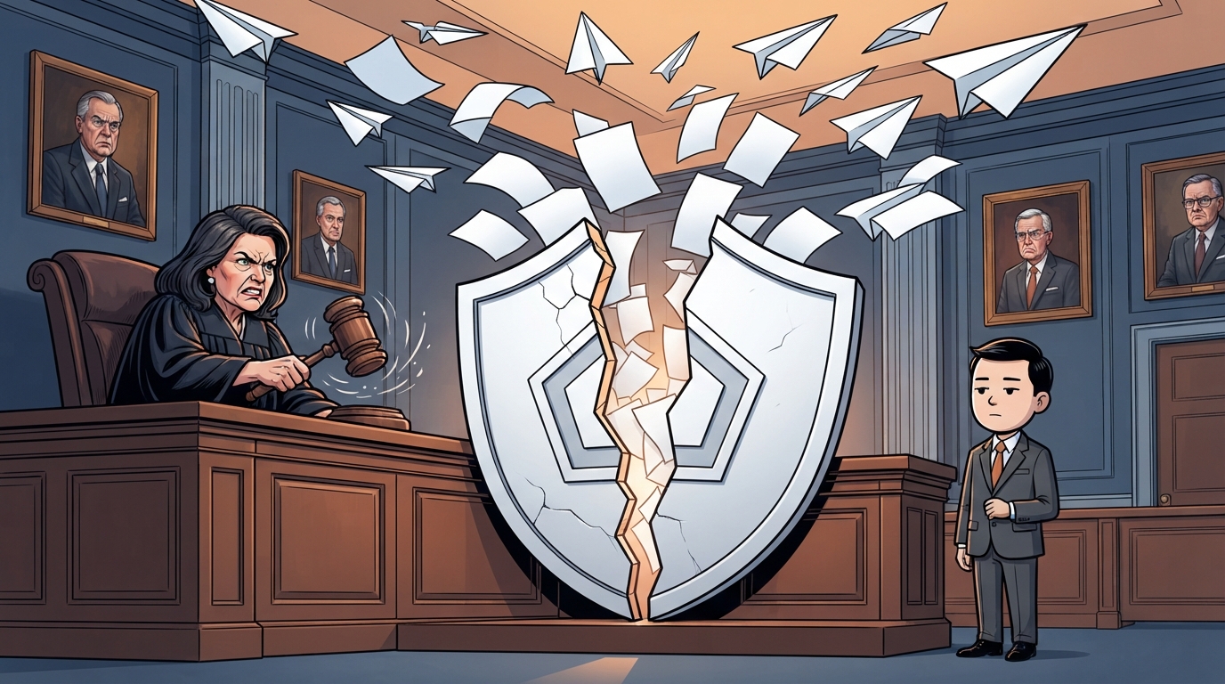 A cracked white Pentagon shield splits apart while a judge raises a gavel in a courtroom.