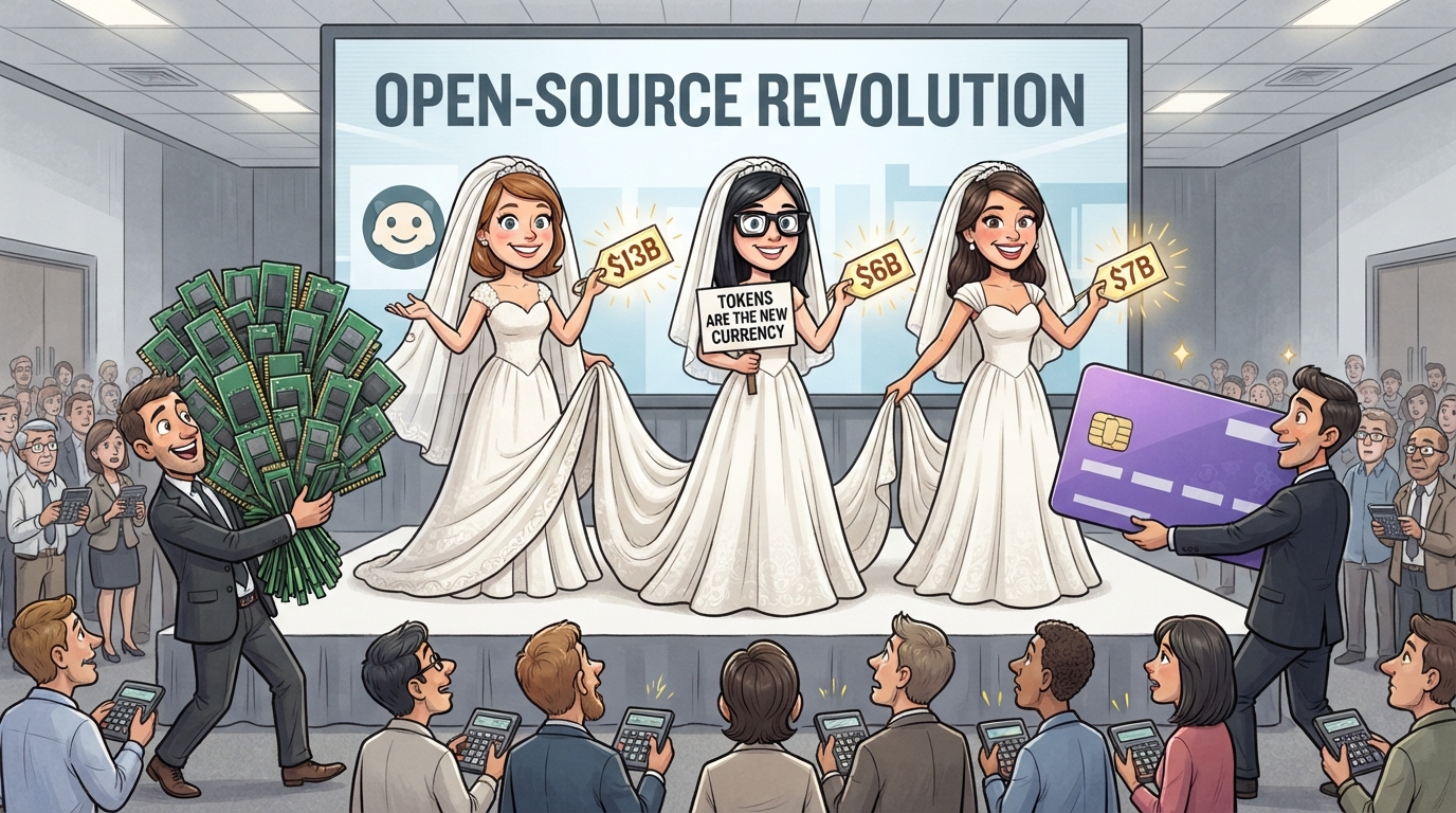 Three tech companies in wedding dresses hold price tags while suitors offer chips and credit cards.