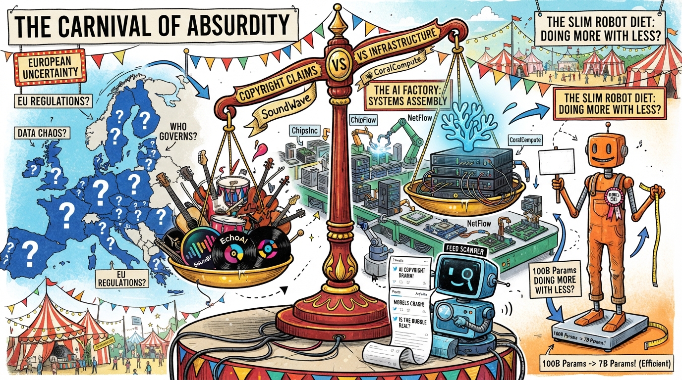 Tilted scales of justice weigh music over servers amid a carnival of AI scenes.