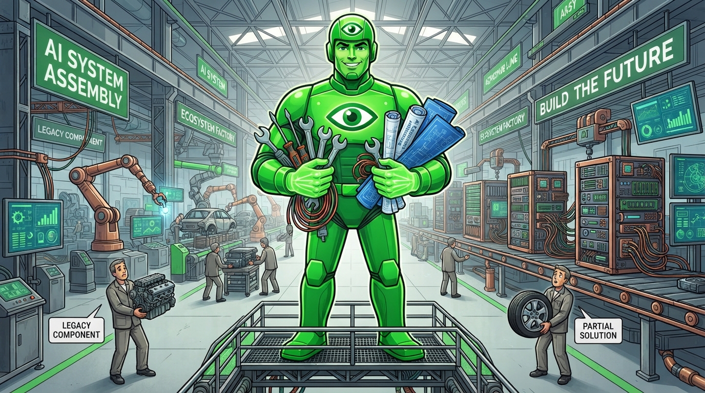 A giant green figure holds a full toolkit while rival engineers carry only an engine and a wheel.
