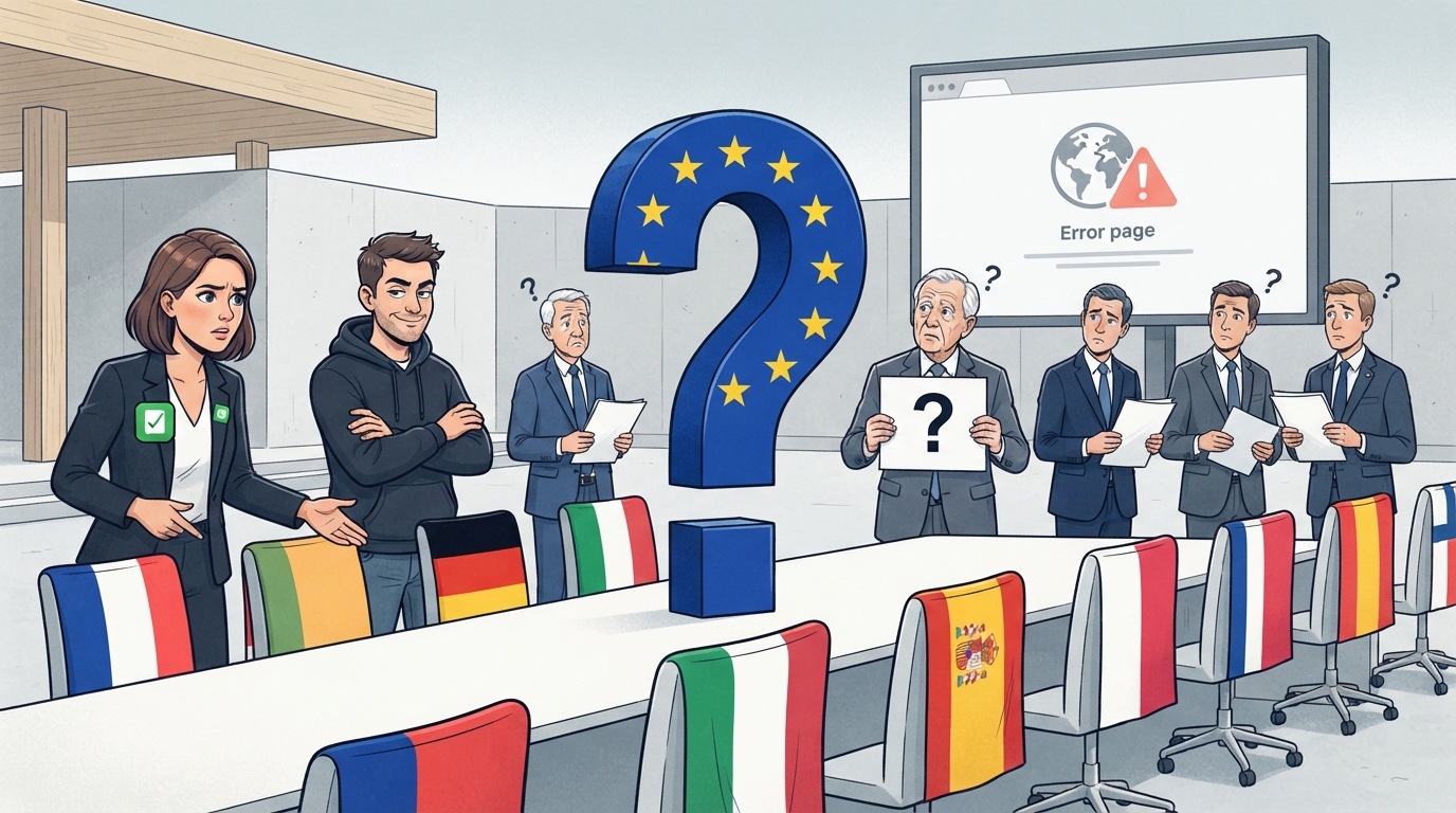 Empty flagged chairs and a giant European question mark tower over bewildered officials at a summit.