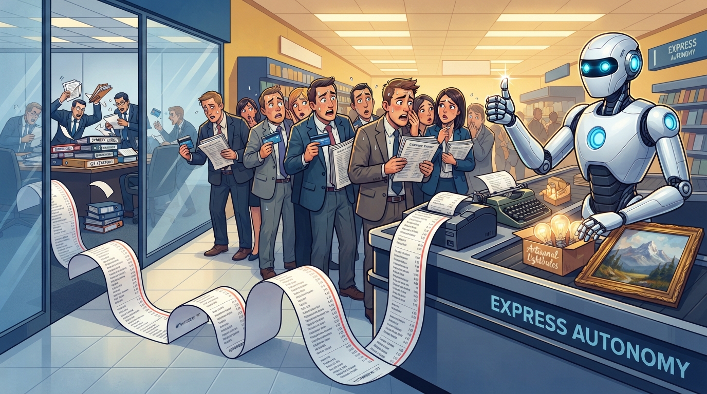 A confident checkout robot scans groceries while anxious managers watch its endless receipt.