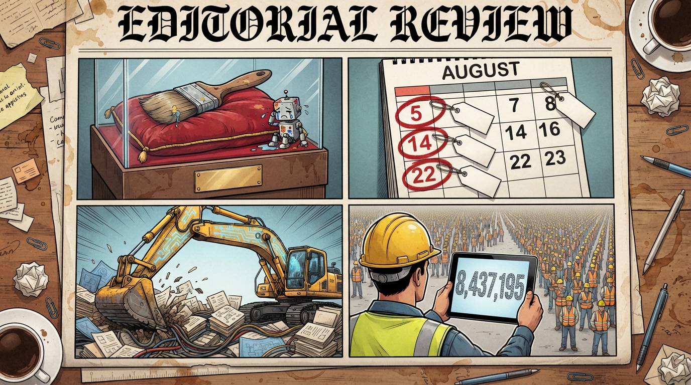 A newspaper collage shows a museum-case paintbrush, a red-circled calendar, a circuit-patterned excavator, and a crowd of workers.