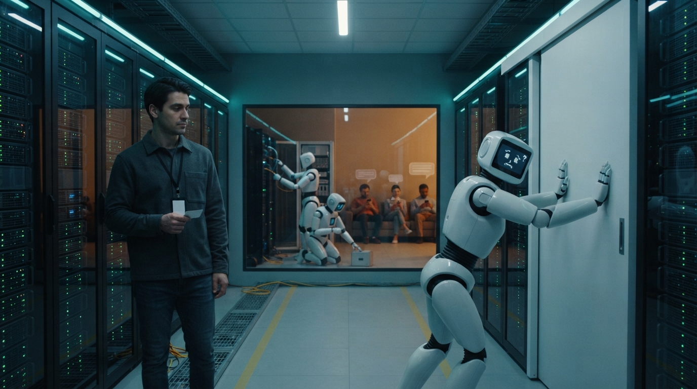 A robot strains against a closed door while a bored worker waits with a key card.
