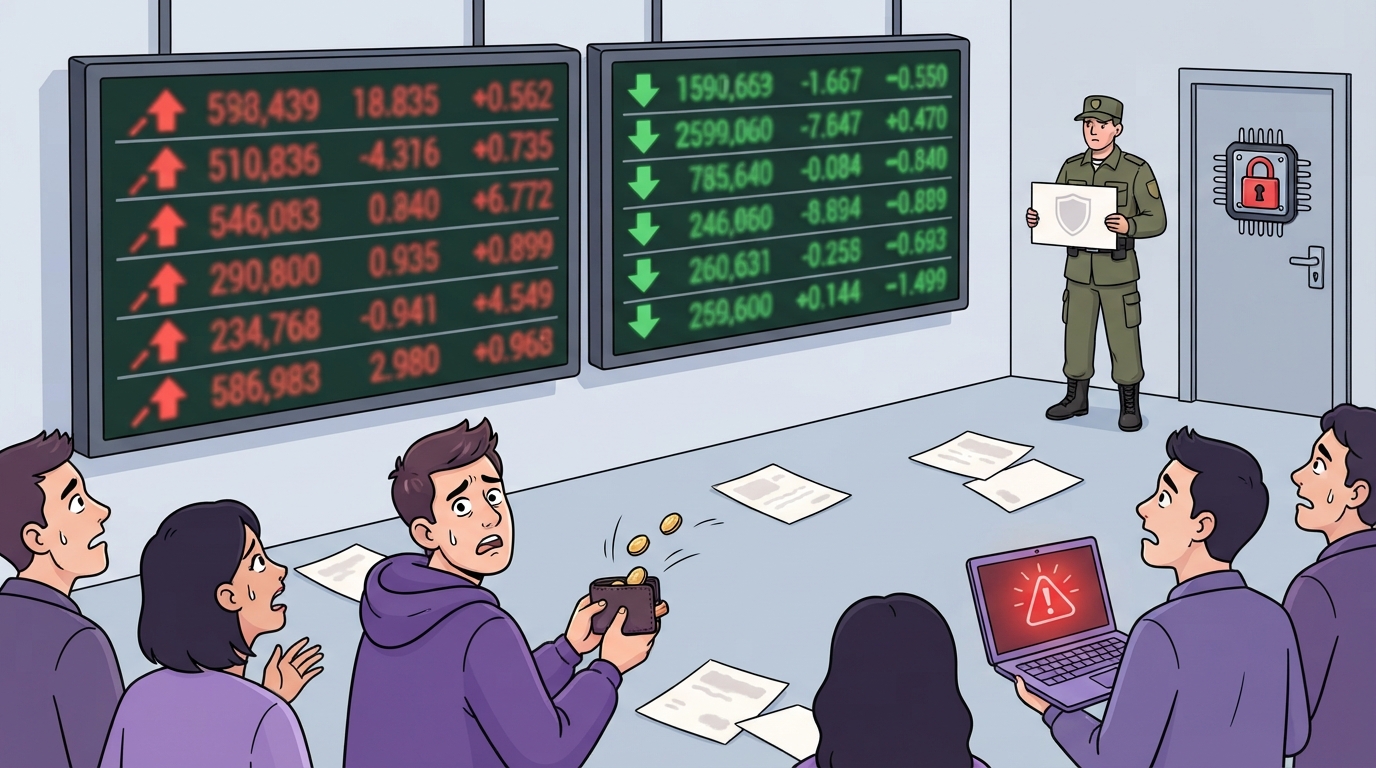 Developers watch rising and falling boards as coins spill from a wallet beside a guard and a locked AI door.
