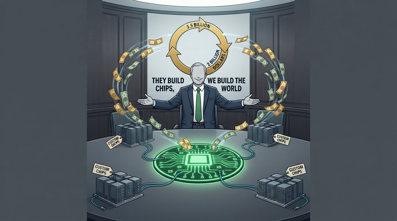A smiling executive spreads his arms as banknotes circle above miniature data centers wired to a central chip emblem.