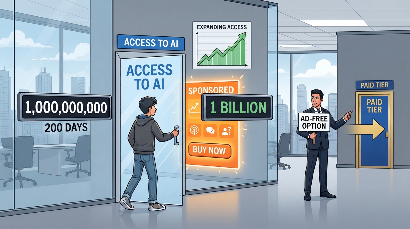A user reaches for the ACCESS TO AI door while a SPONSORED ad banner and revenue counters wait behind the glass.
