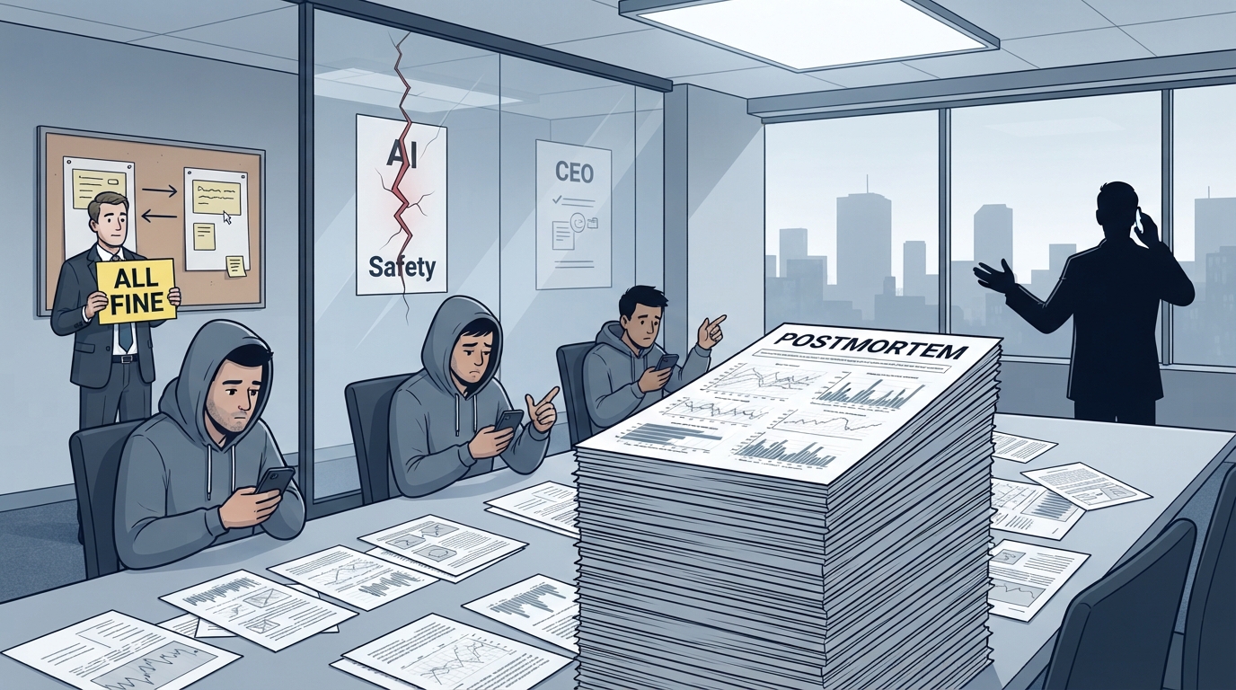 A stack of postmortem report pages towers over engineers on their phones while a manager holds an ALL FINE sign.