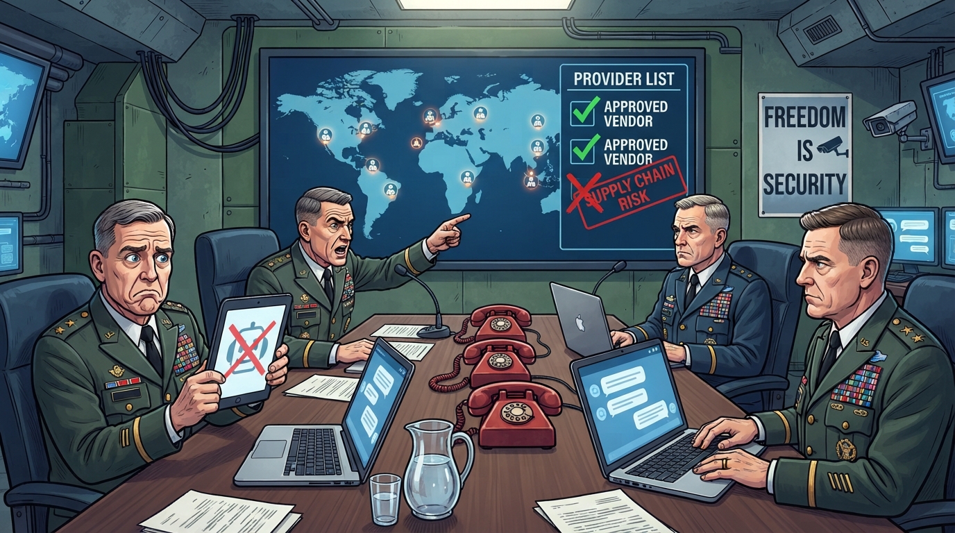 Generals in a bunker review a provider list where one AI vendor is crossed out and stamped SUPPLY CHAIN RISK.
