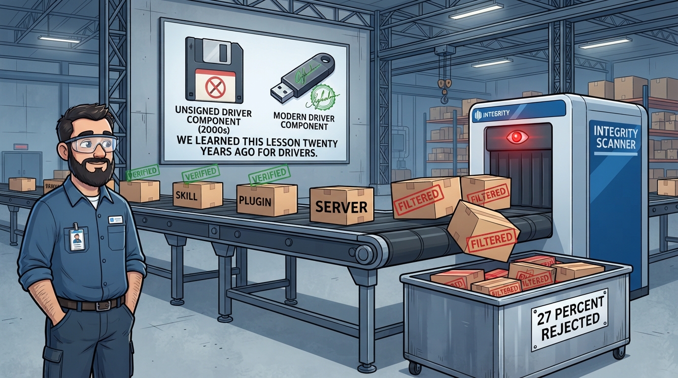 A conveyor carries plugin boxes toward a red-eyed scanner while a quarter of them fall into a rejected bin.