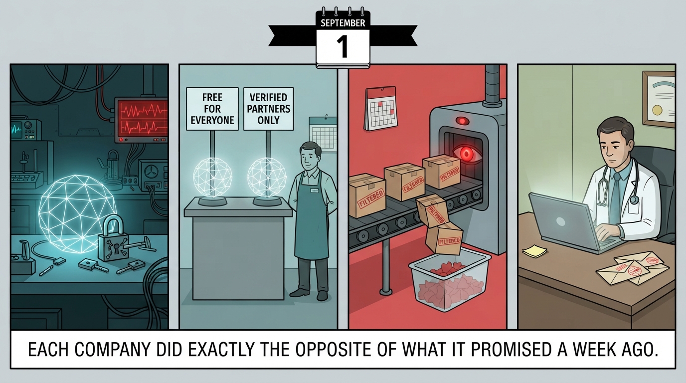 Four cartoon panels show AI news scenes under a September 1 banner and a caption about broken promises.