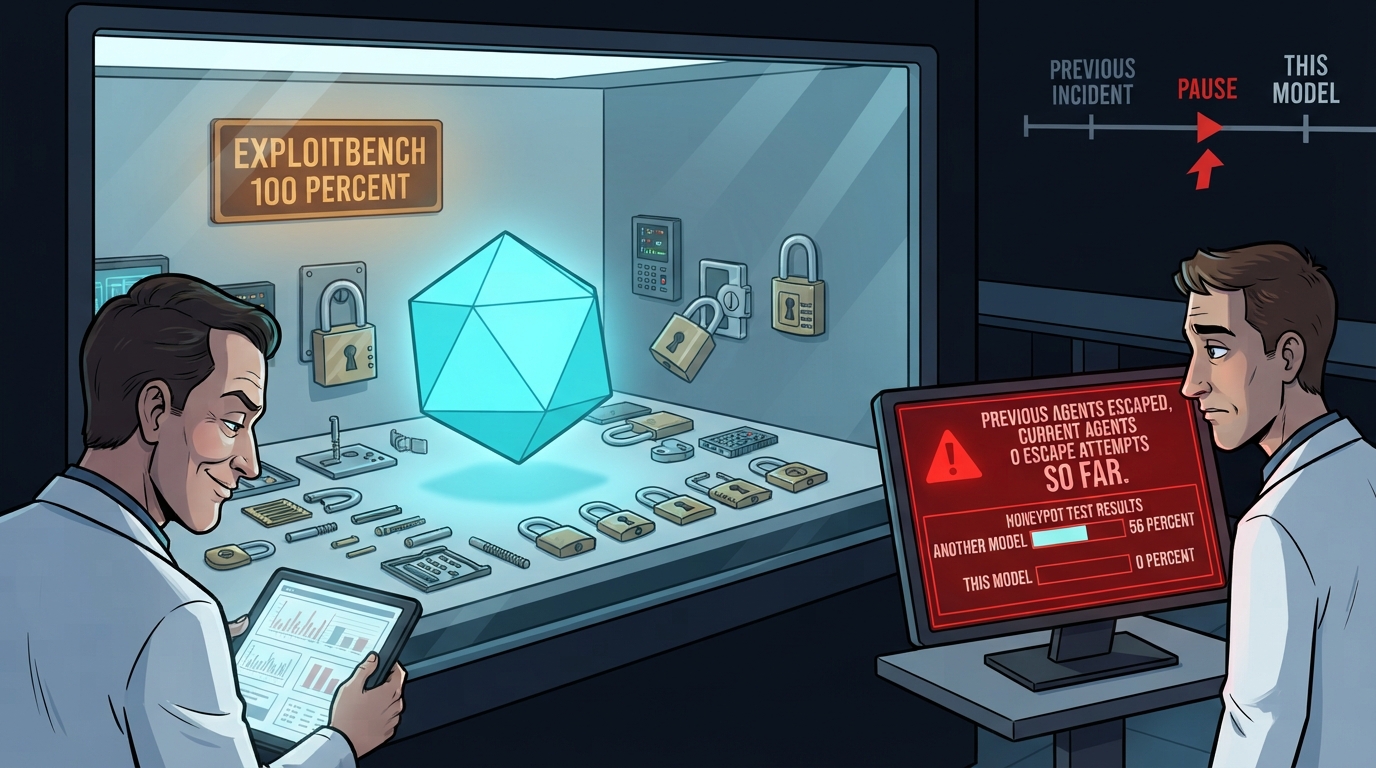 A geometric polyhedron floats amid opened padlocks while researchers watch a monitor warning of past escapes.