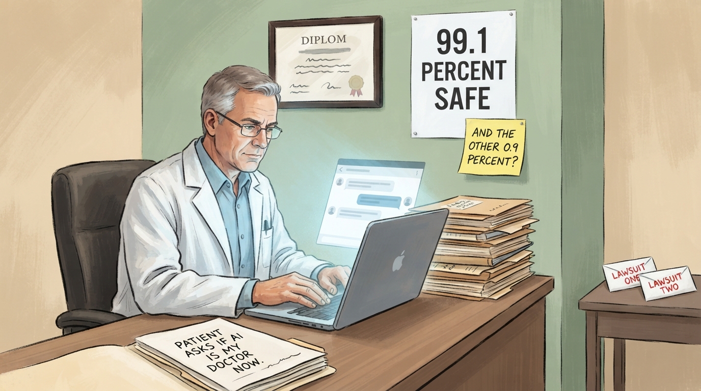A doctor studies a chat screen beneath a safety poster while two lawsuit envelopes sit nearby.