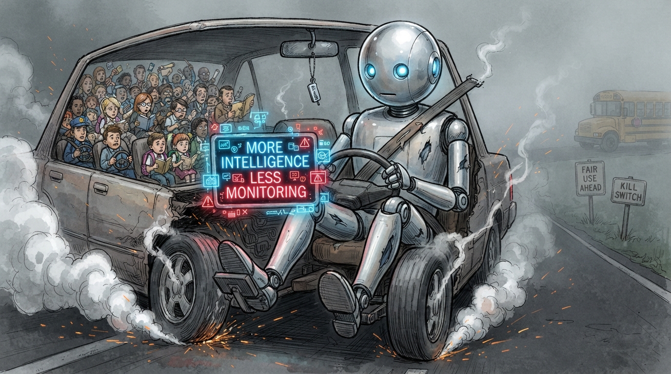 A calm robot presses gas and brake together while tiny passengers ride behind as smoke rises.