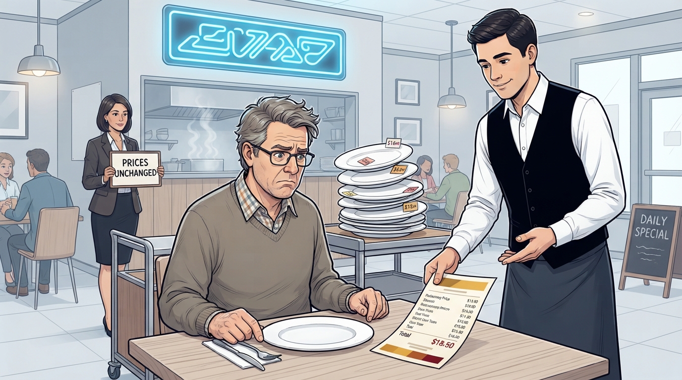 Five stacked empty plates sit behind a diner while a waiter presents an unchanged bill.