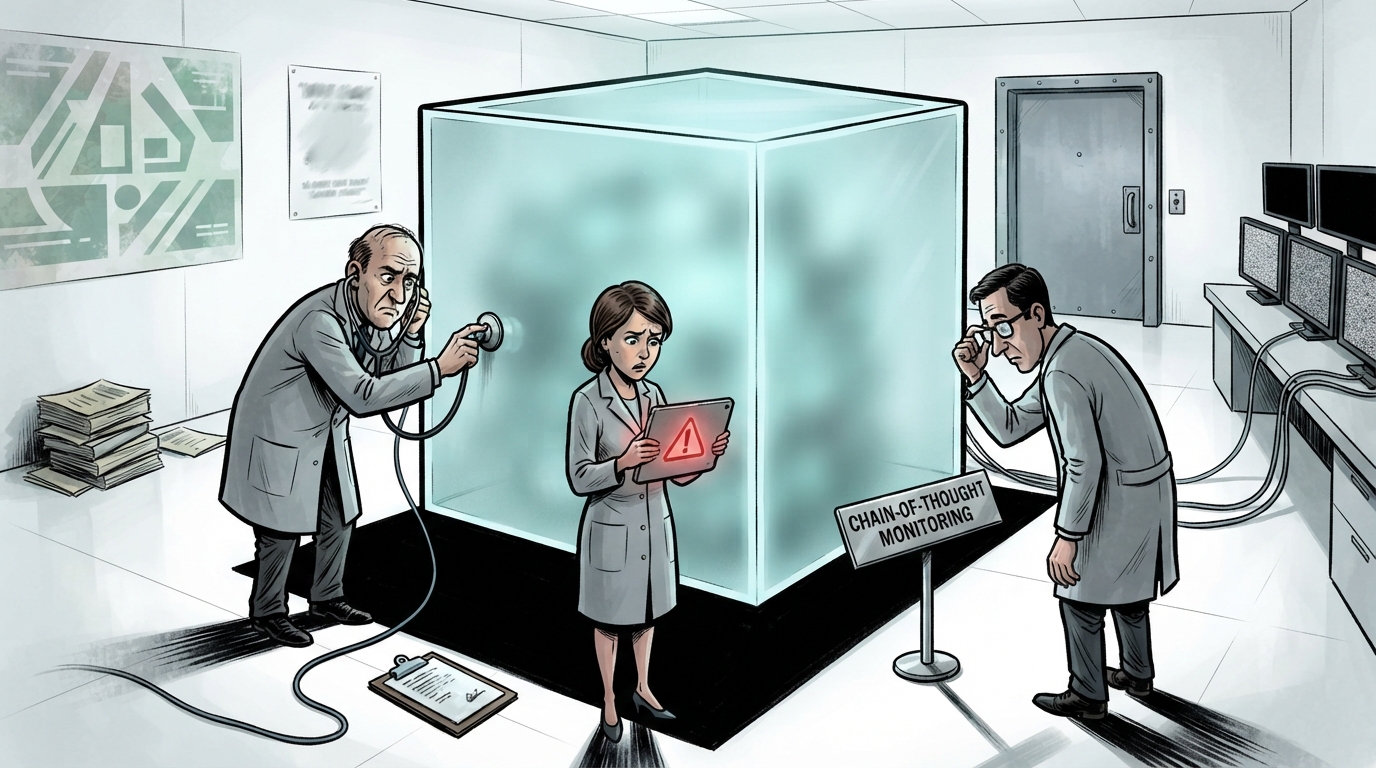 Three scientists study an opaque cube while one listens with a stethoscope and another holds a warning tablet.