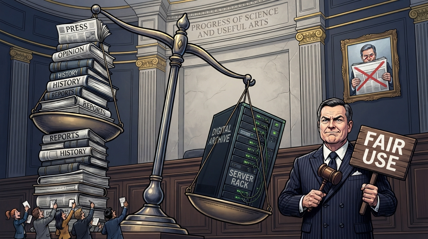 A server rack outweighs a towering stack of newspapers as an official holds a FAIR USE placard.