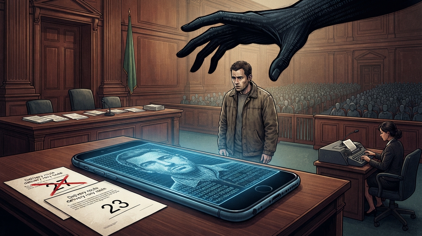 A driver stares at a giant phone displaying his code-built face beside two fare documents marked 27 and 23.