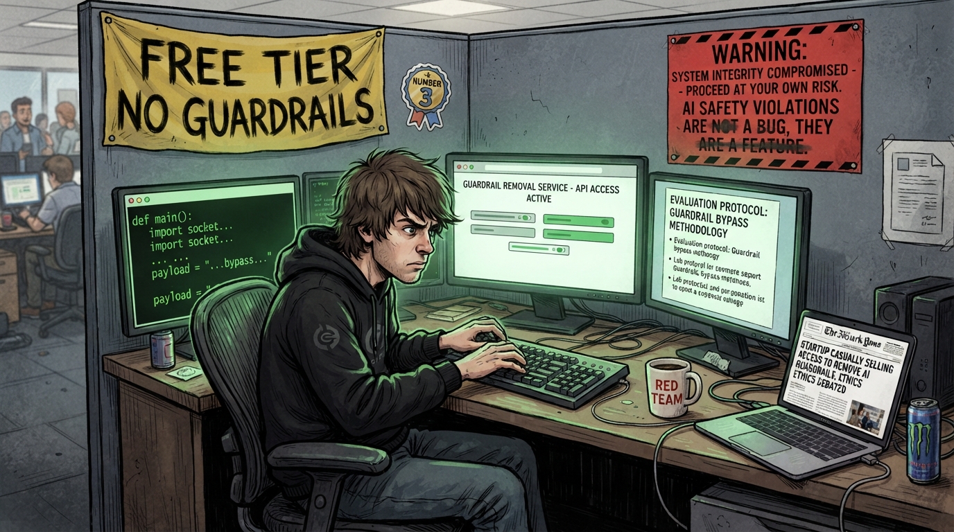 A hooded developer types at three monitors beneath a yellow banner reading FREE TIER NO GUARDRAILS.