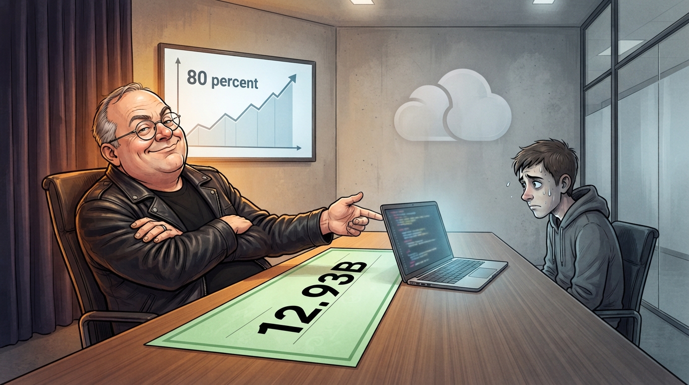 A smug executive in a leather jacket faces a nervous developer across an oversized green cheque.