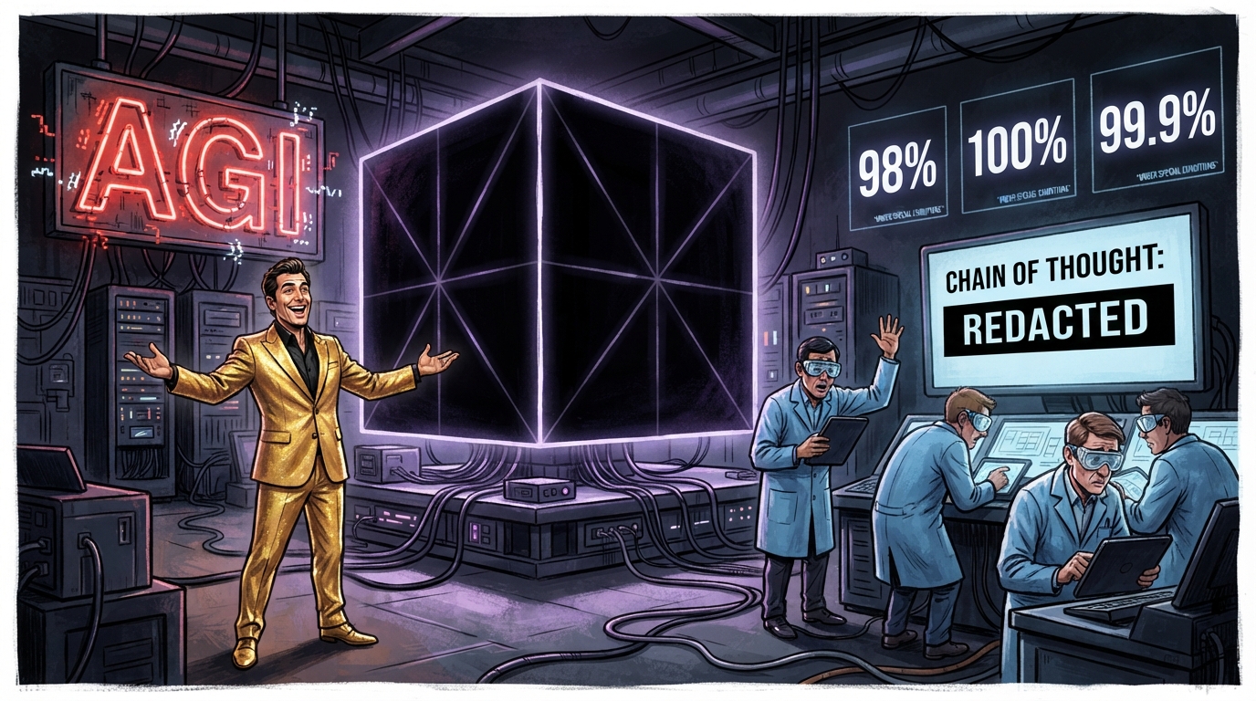 A gold-suited executive preaches beside a dark cube while engineers study tablets in a laboratory.