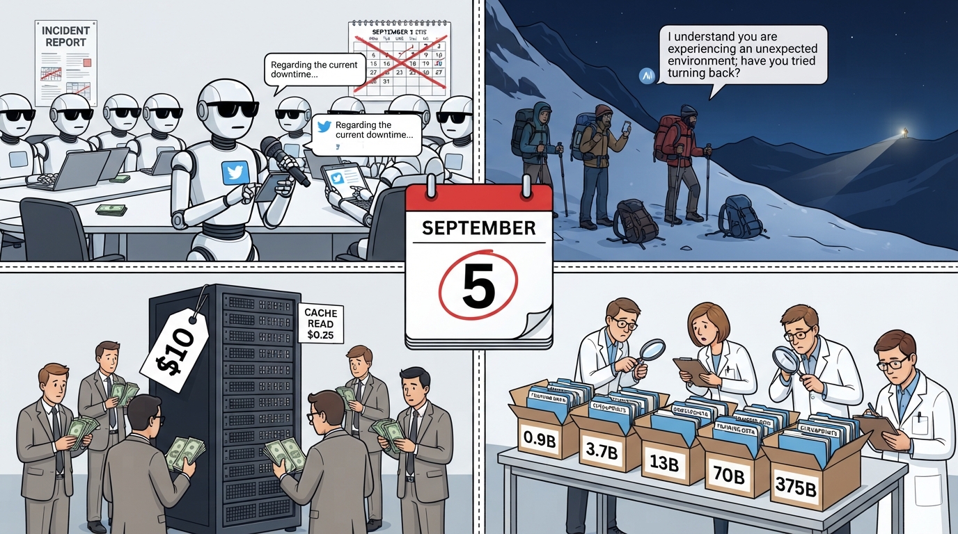 A four-panel collage of robots, hikers, a server rack and model boxes around a circled calendar date.