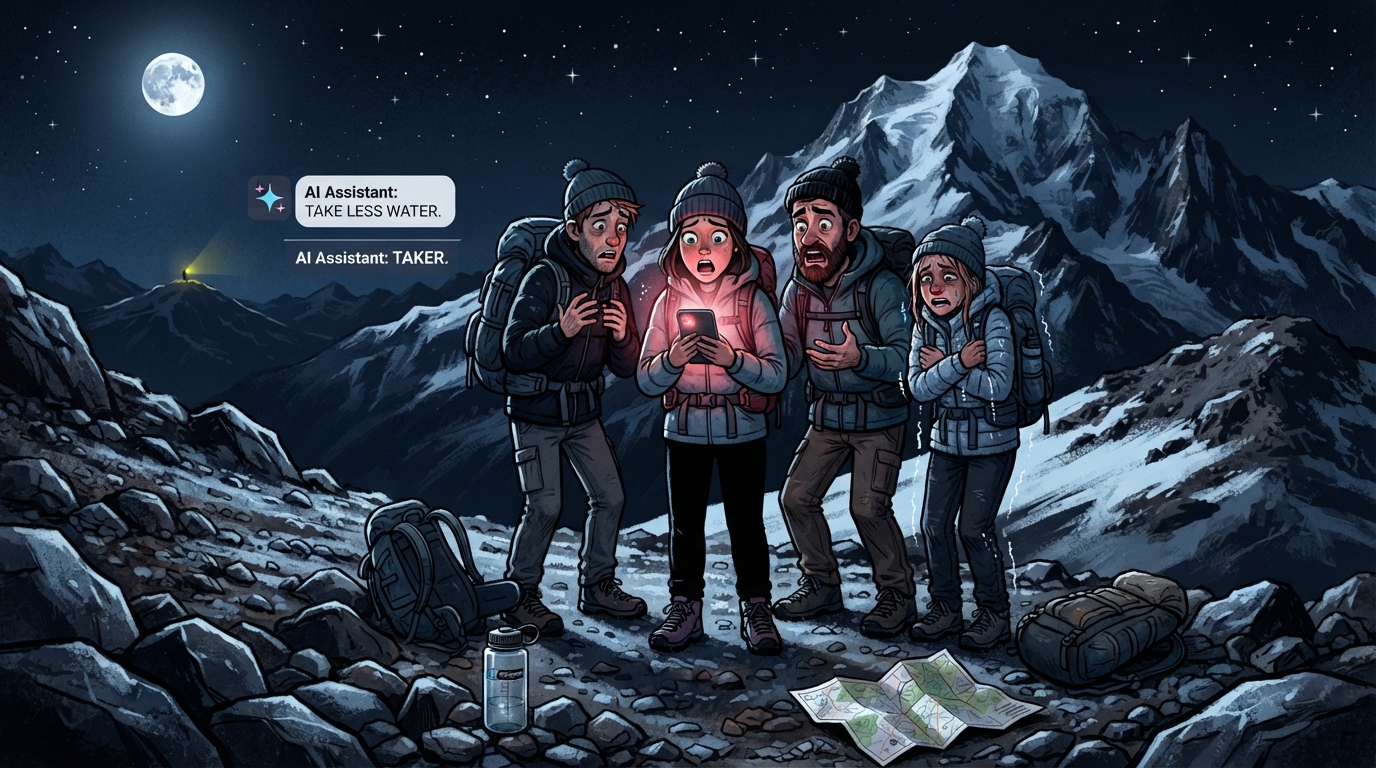 Hikers consult a bright phone on a snowy mountain while their empty backpacks lie nearby.