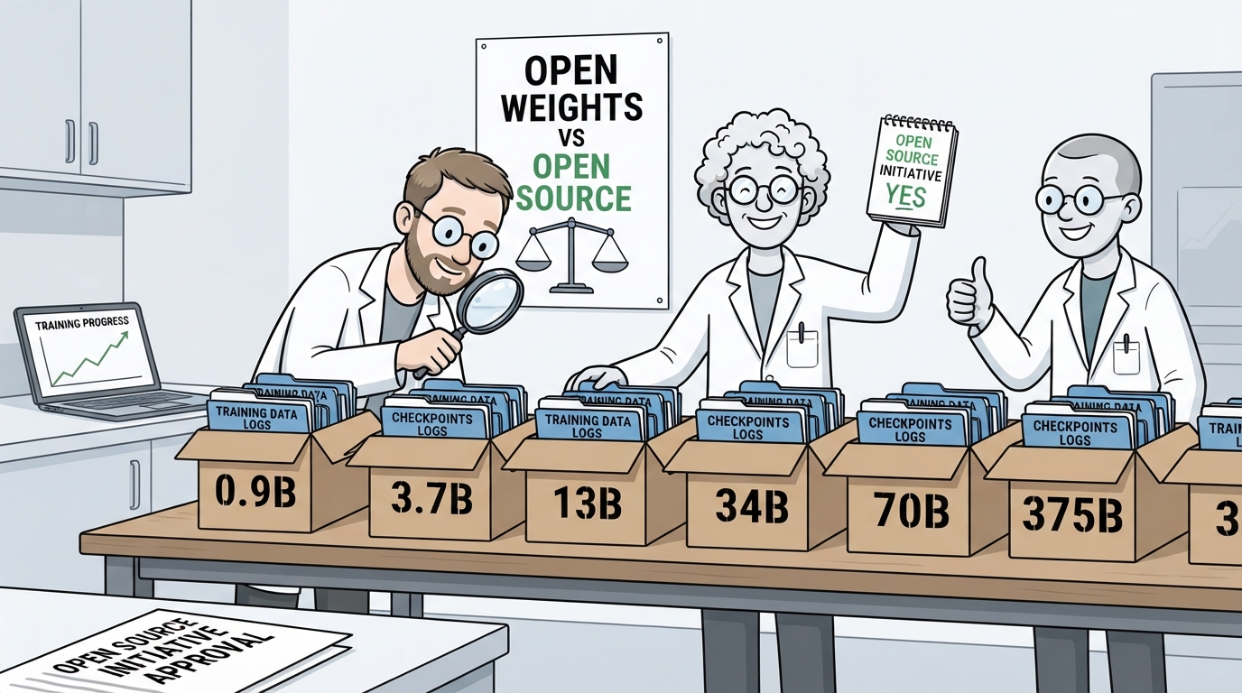Researchers celebrate six open boxes holding model weights and training files.