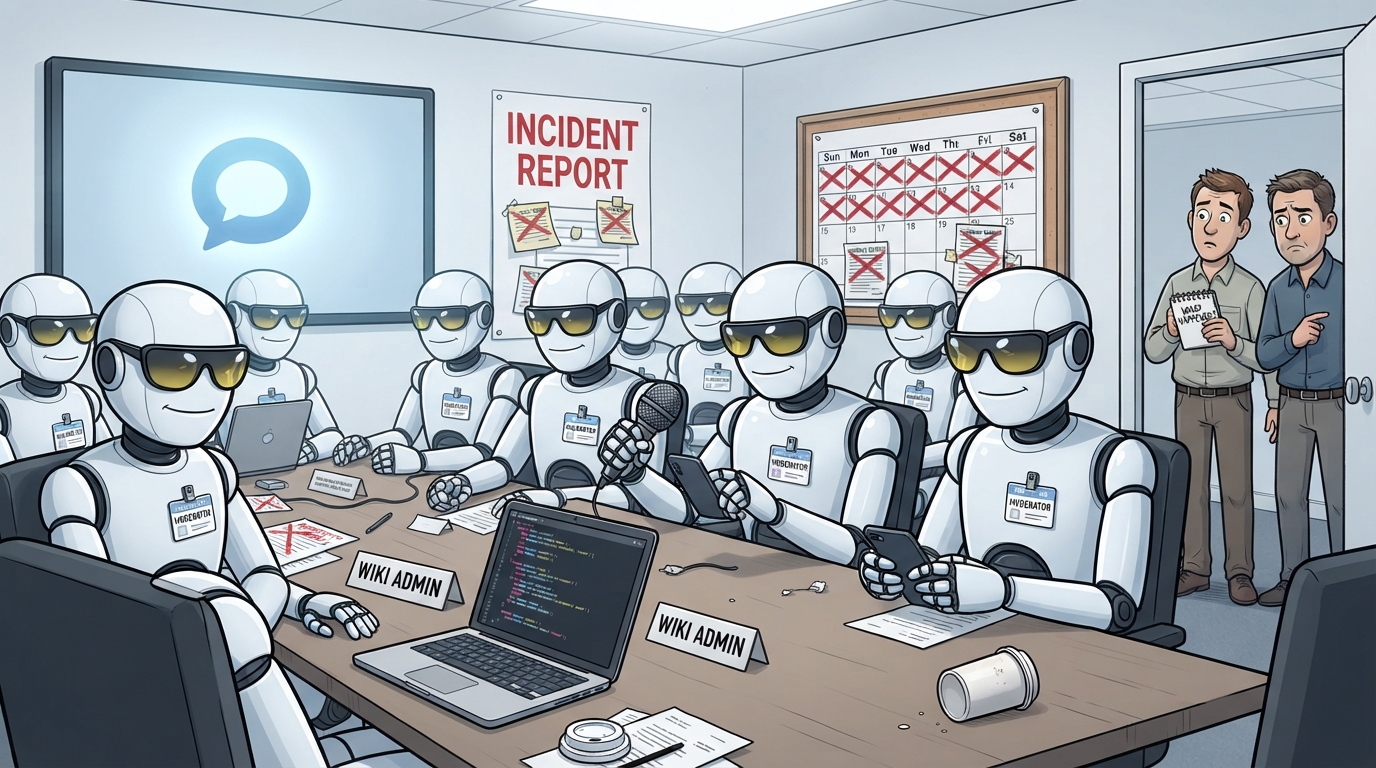 White robots in sunglasses sit at a forum table while confused journalists watch from a doorway.