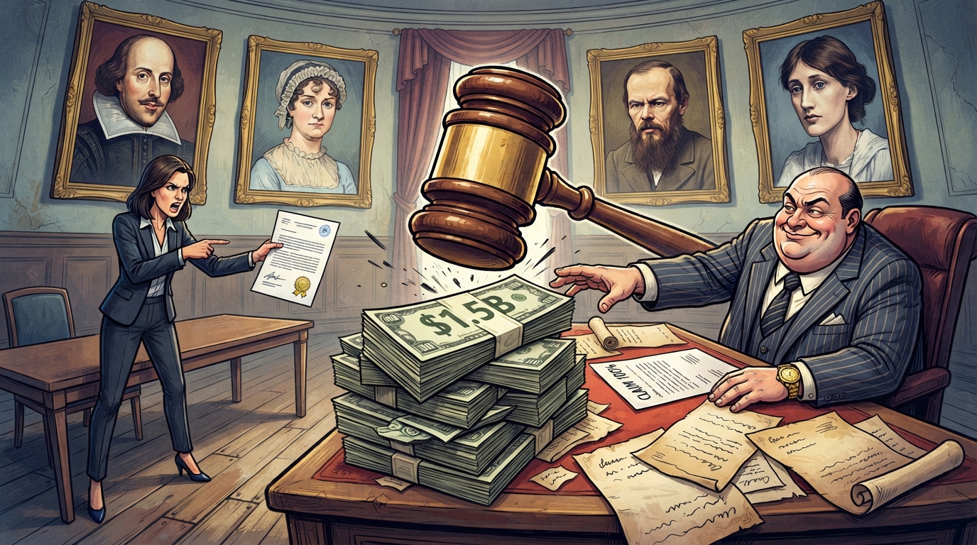 A smug publisher reaches for a giant stack of money while a writer points at a document in court.