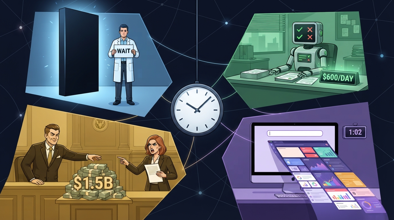 Four panels of AI news scenes are linked by threads around a central clock.