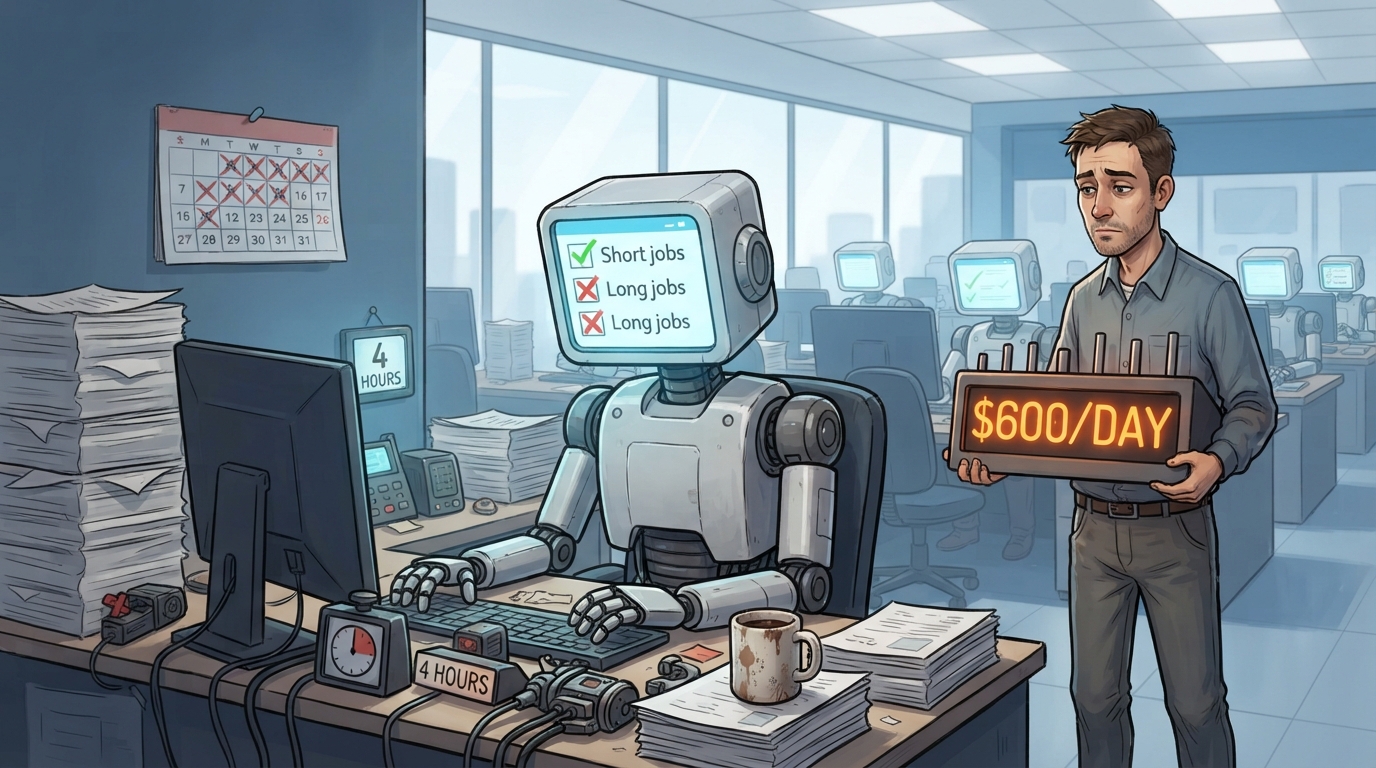 A tired researcher holds a $600/DAY counter beside a robot intern working at a desk.