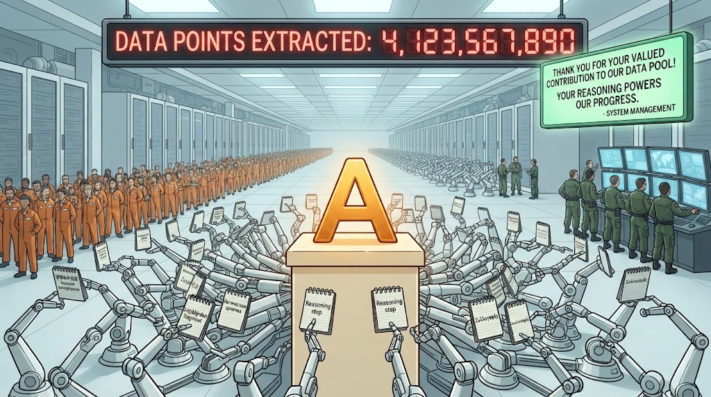 Robotic arms with notepads swarm a bright amber letter A on a pedestal while orange-uniformed and military workers watch.