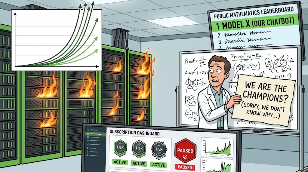 A bewildered mathematician holds a sign beside burning server racks while a leaderboard shows a chatbot at number one.