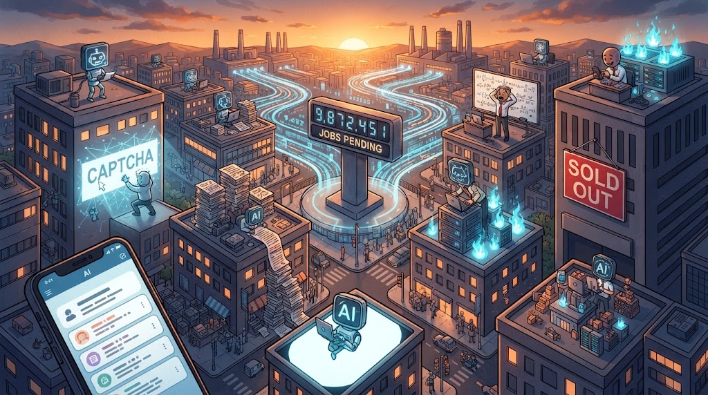 AI agent figures perch on city rooftops beside a giant jobs counter and a CAPTCHA screen at sunset.
