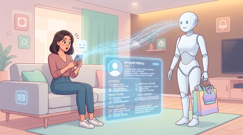 A shocked woman watches a holographic profile panel while a smiling white robot holds shopping bags beside her.