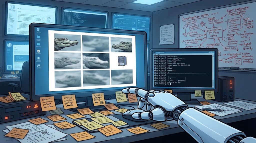 A white robotic hand hesitates over a monitor filled with crocodile CAPTCHA pictures in a cluttered night office.