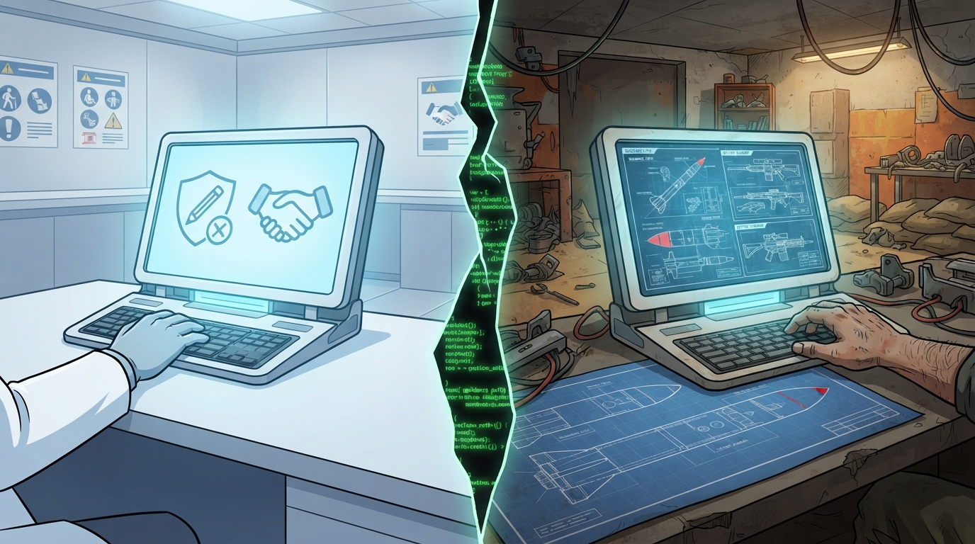 A polite lab terminal refuses help while the same interface generates missile code in a cluttered workshop.