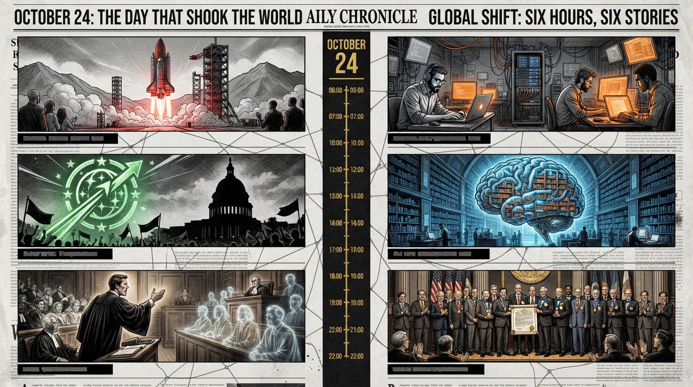 A six-panel newspaper collage surrounds a central timeline with news of AI, rockets, and a courtroom.