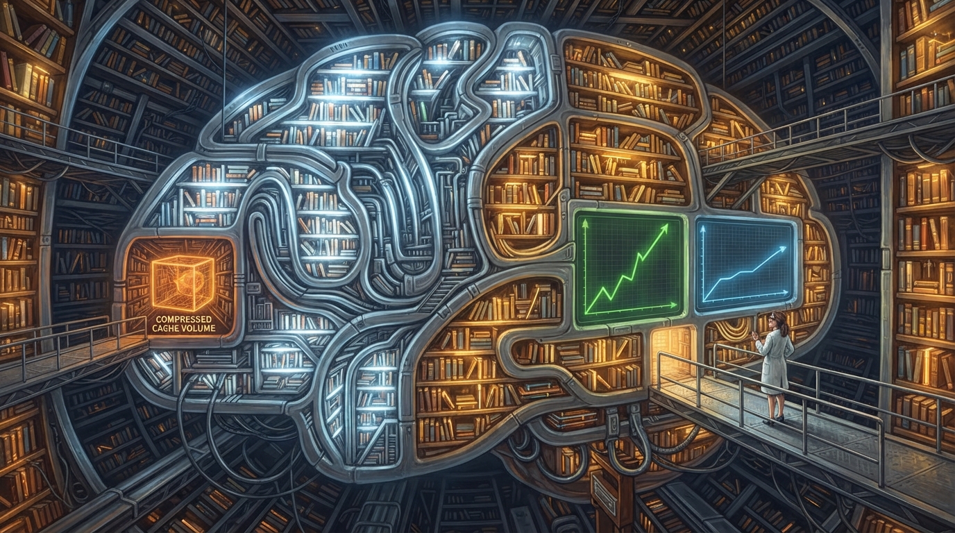 A giant brain made of bookshelves towers over a small engineer studying two charts.