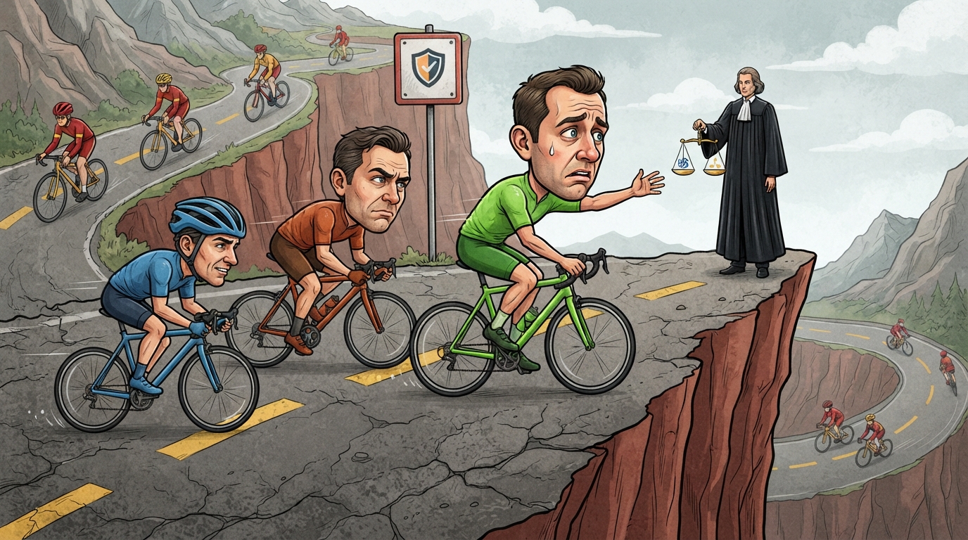 A green cyclist begs a judge with golden scales at a cliff edge.