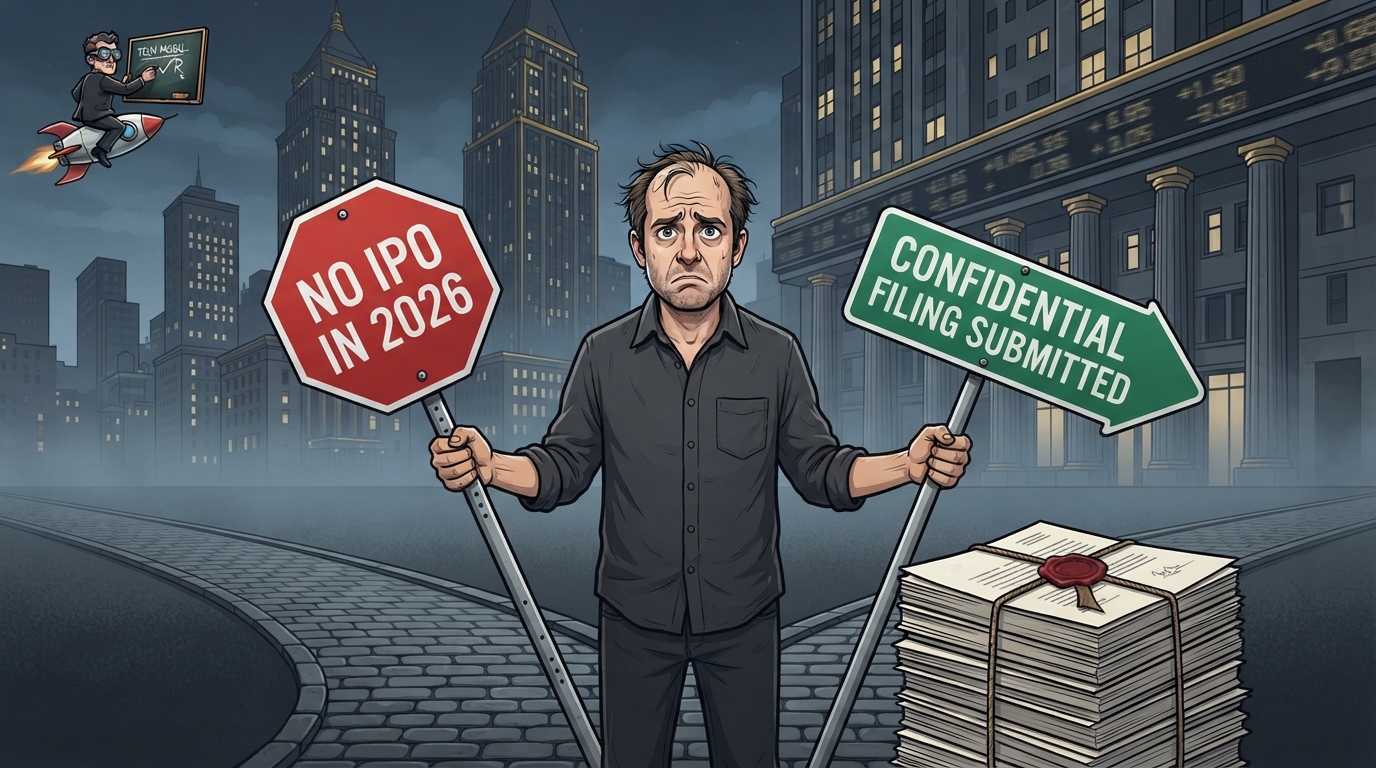 A perplexed CEO at a crossroads holds signs reading no IPO and confidential filing submitted.