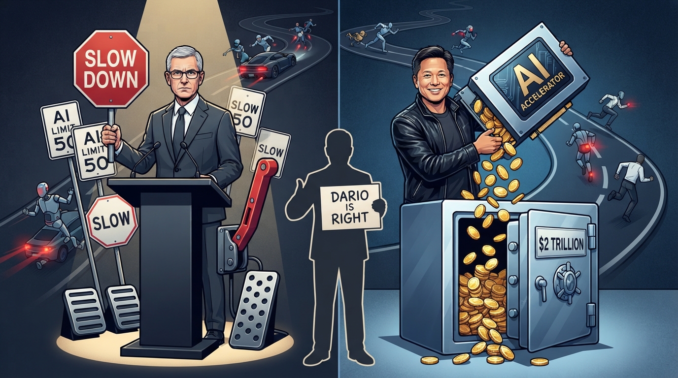 A CEO at a podium urges slow down while another pours coins into a two trillion dollar vault.